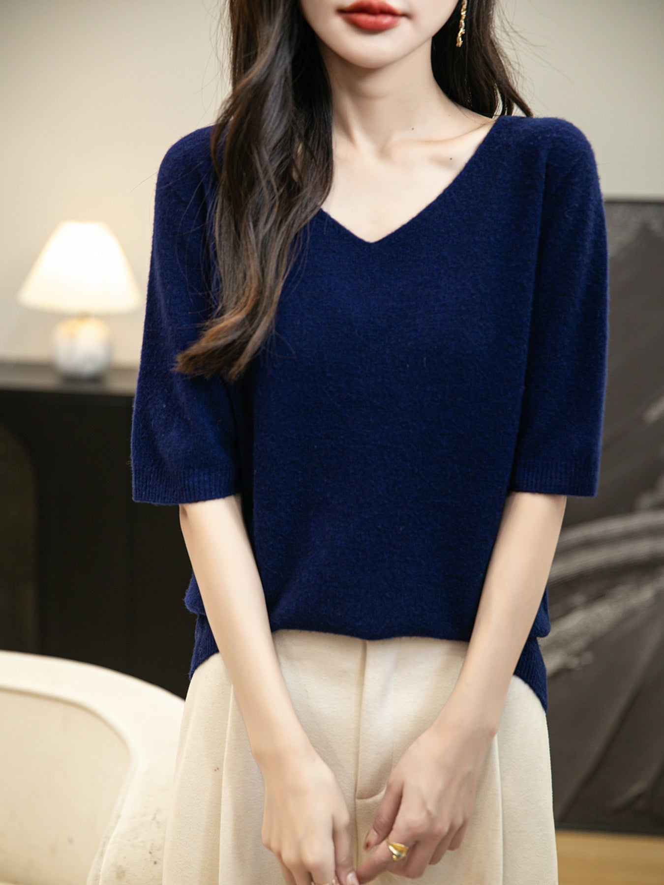 Women's V-Neck 100% Merino Wool Spring Fall Winter First-Line Ready to Wear Seamless Knit Shirt Short Sleeve Sweater