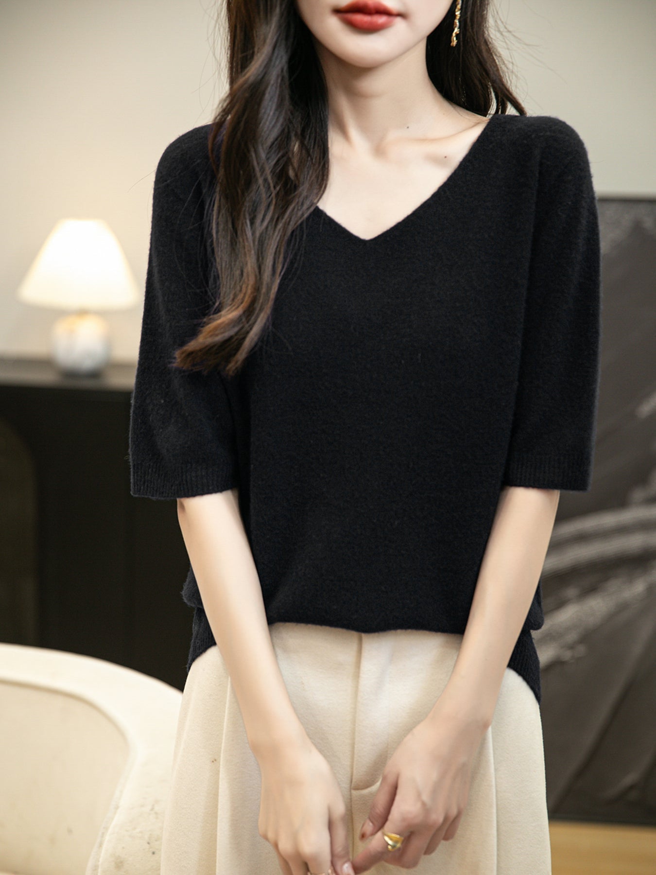 Women's V-Neck 100% Merino Wool Spring Fall Winter First-Line Ready to Wear Seamless Knit Shirt Short Sleeve Sweater