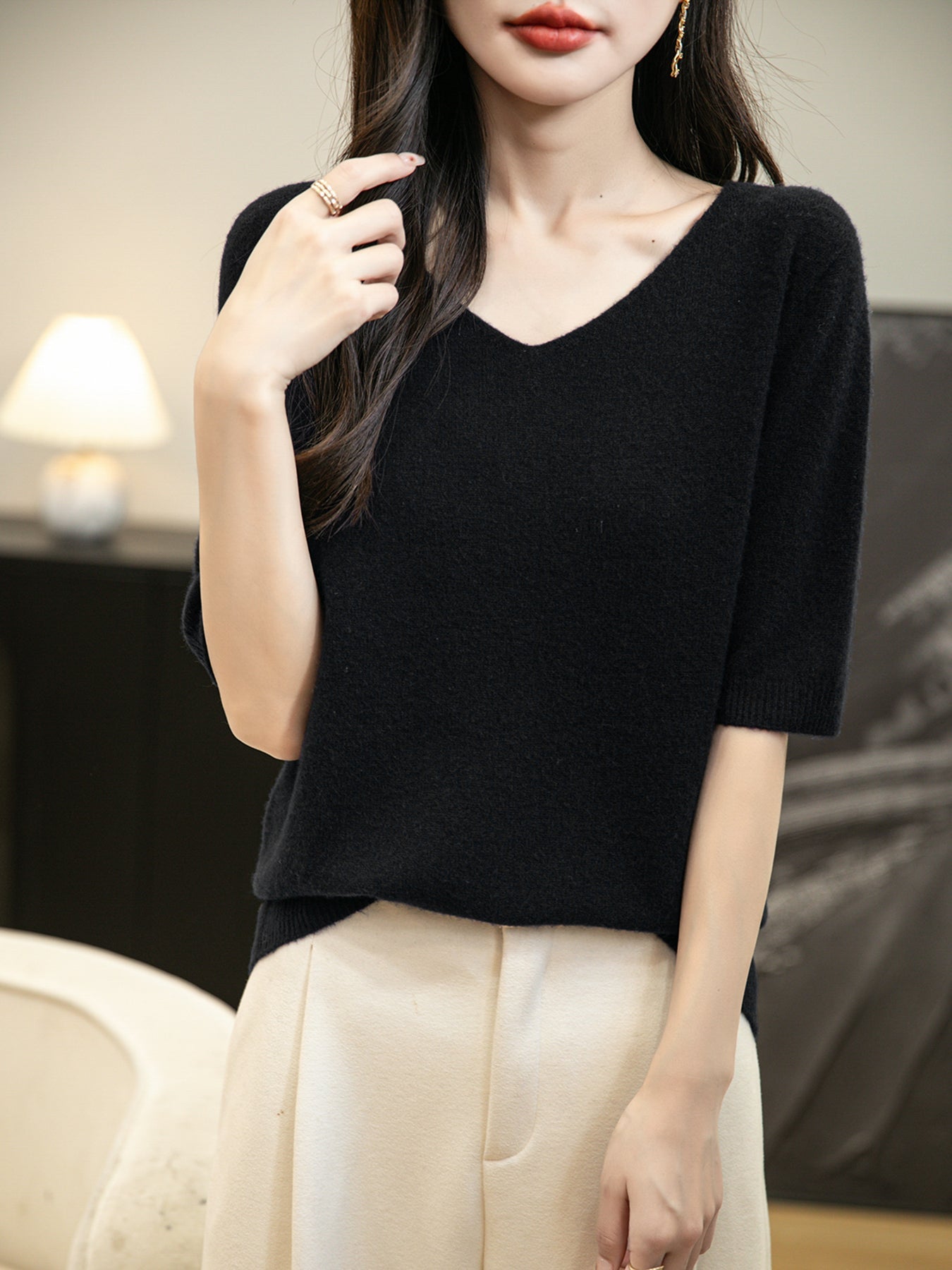 Women's V-Neck 100% Merino Wool Spring Fall Winter First-Line Ready to Wear Seamless Knit Shirt Short Sleeve Sweater