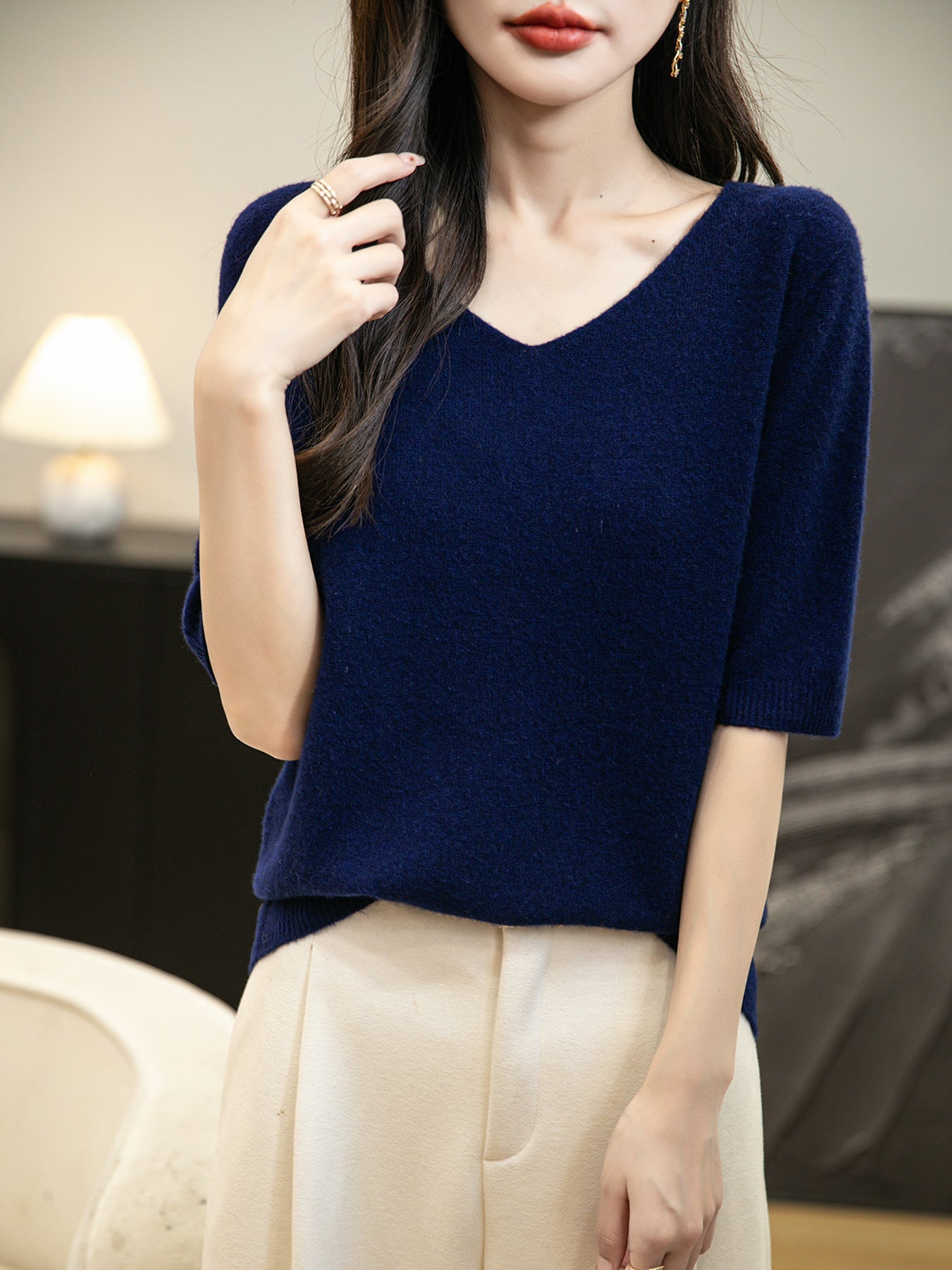 Women's V-Neck 100% Merino Wool Spring Fall Winter First-Line Ready to Wear Seamless Knit Shirt Short Sleeve Sweater