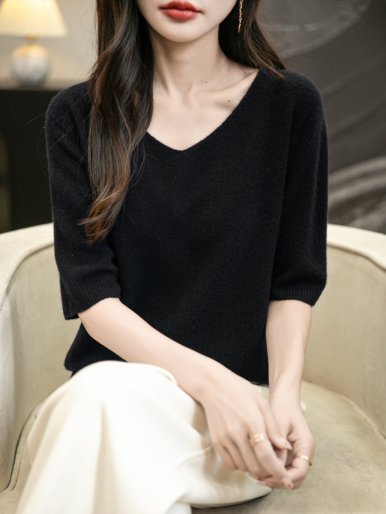 Women's V-Neck 100% Merino Wool Spring Fall Winter First-Line Ready to Wear Seamless Knit Shirt Short Sleeve Sweater