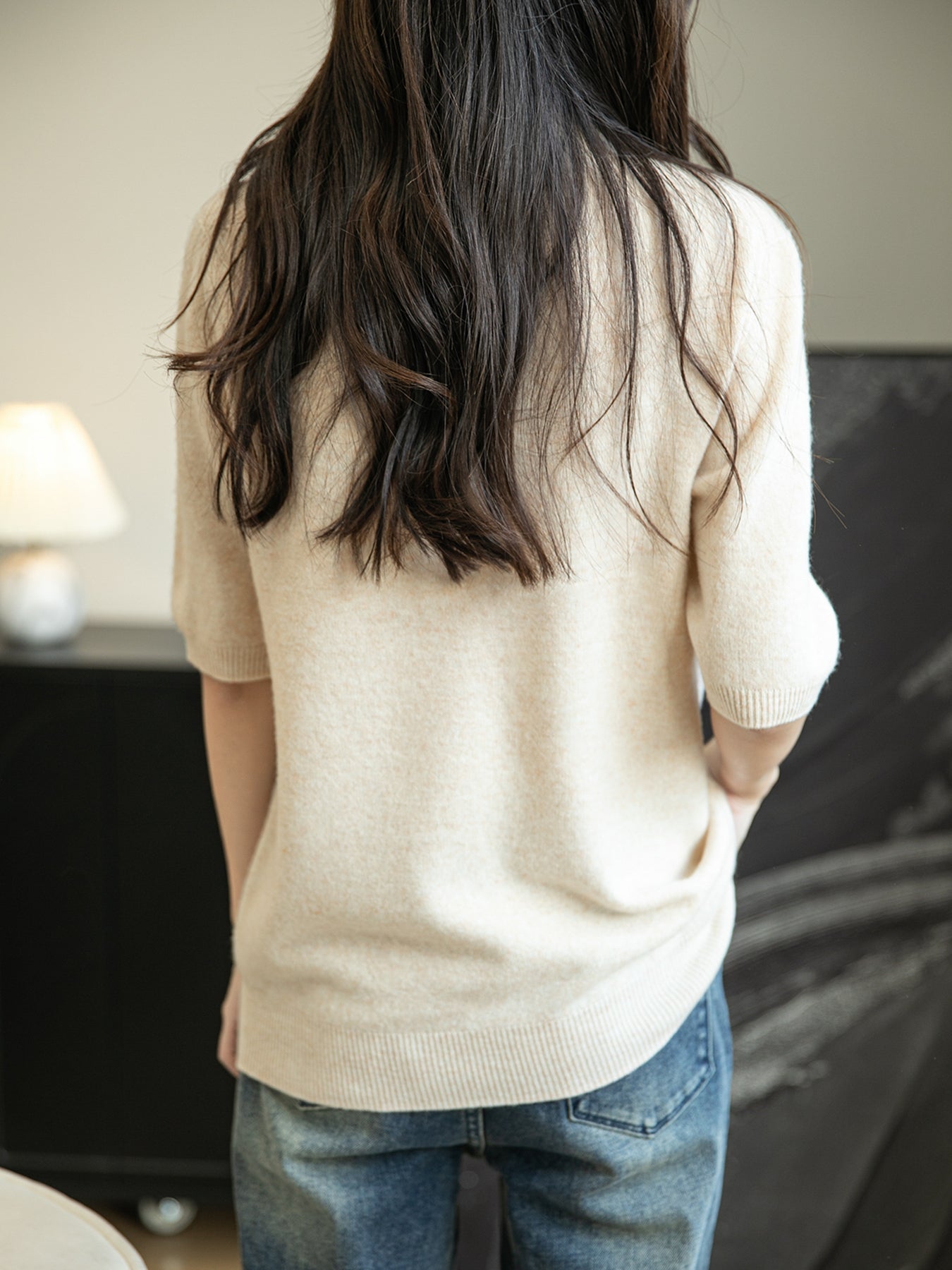 Women's 100% Merino Wool Spring Fall Winter First-Line Ready to Wear Seamless Knit Short Sleeve Mock Neck Sweater