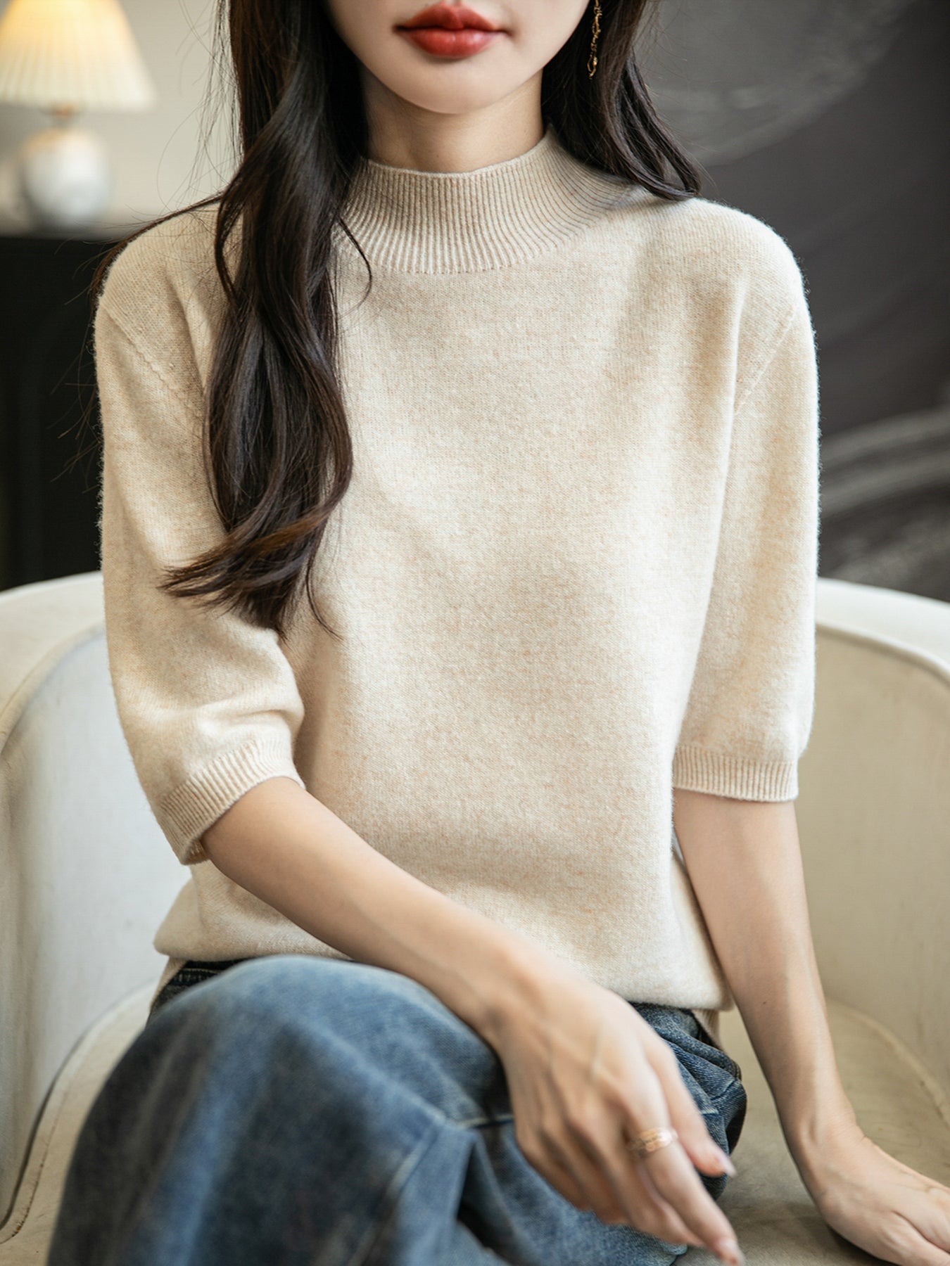 Women's 100% Merino Wool Spring Fall Winter First-Line Ready to Wear Seamless Knit Short Sleeve Mock Neck Sweater