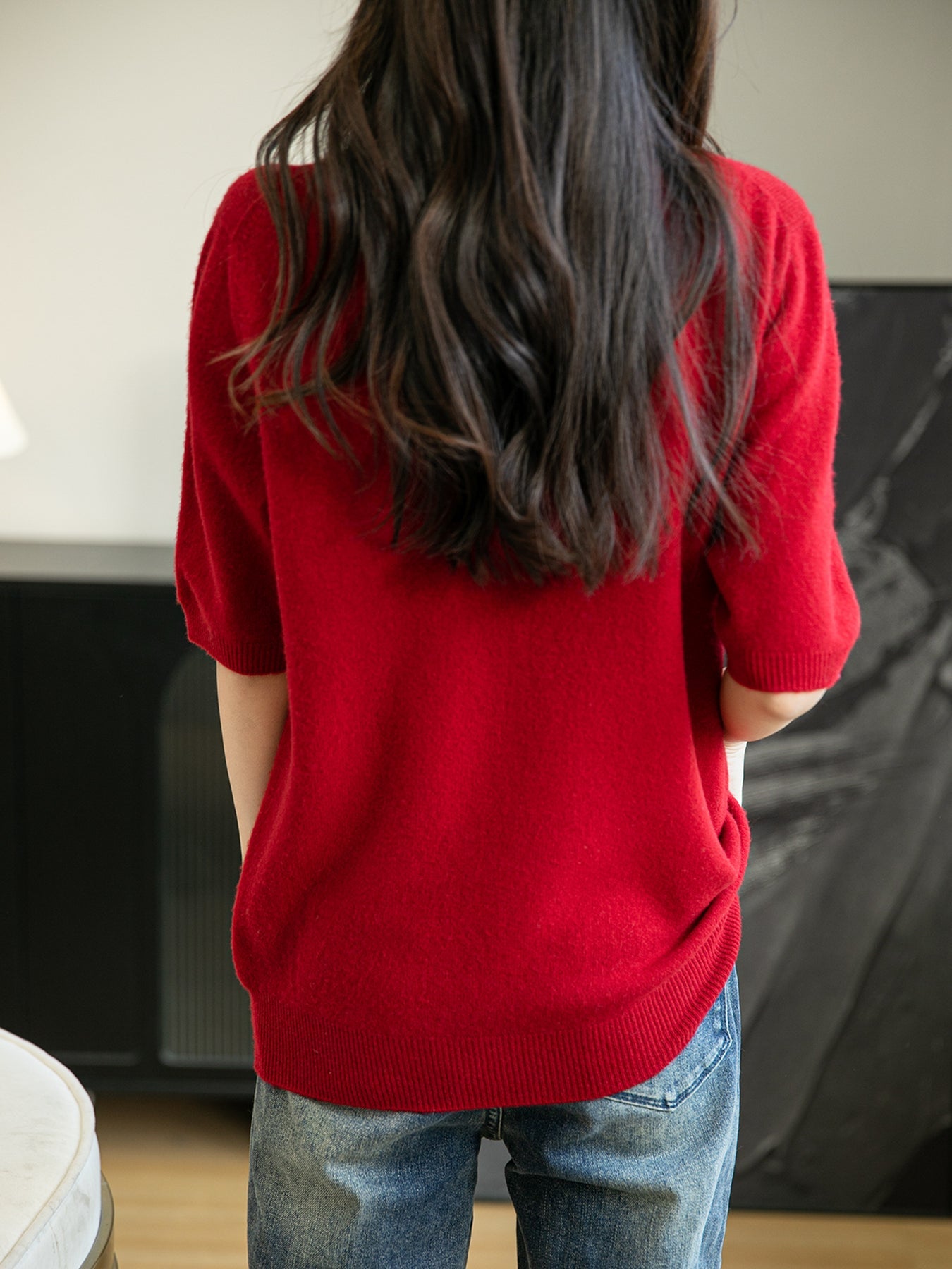 Women's 100% Merino Wool Spring Fall Winter First-Line Ready to Wear Seamless Knit Short Sleeve Mock Neck Sweater