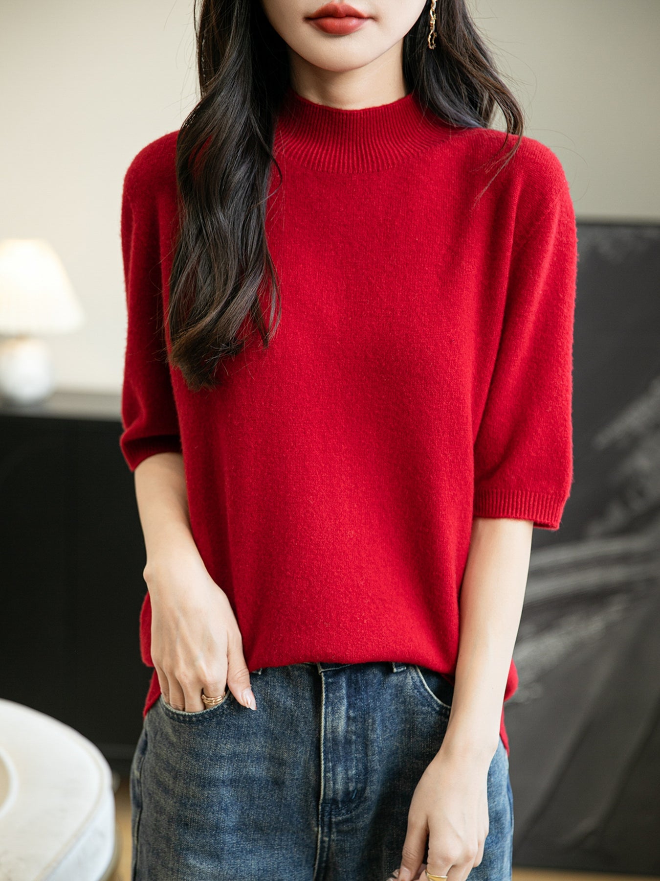 Women's 100% Merino Wool Spring Fall Winter First-Line Ready to Wear Seamless Knit Short Sleeve Mock Neck Sweater