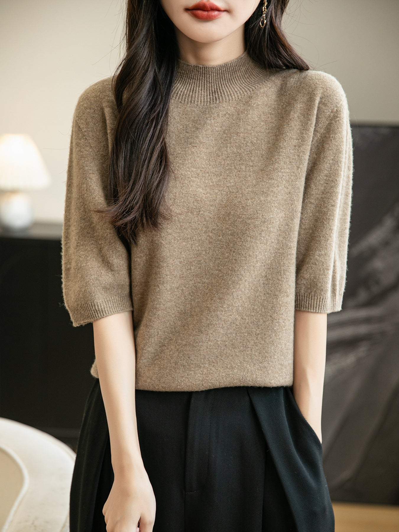 Women's 100% Merino Wool Spring Fall Winter First-Line Ready to Wear Seamless Knit Short Sleeve Mock Neck Sweater