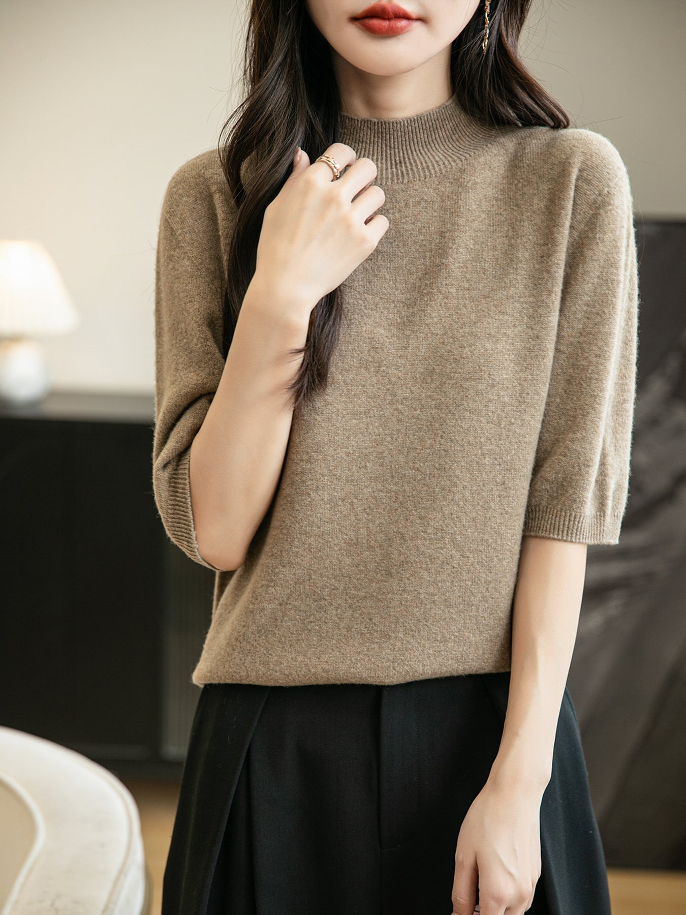 Women's 100% Merino Wool Spring Fall Winter First-Line Ready to Wear Seamless Knit Short Sleeve Mock Neck Sweater