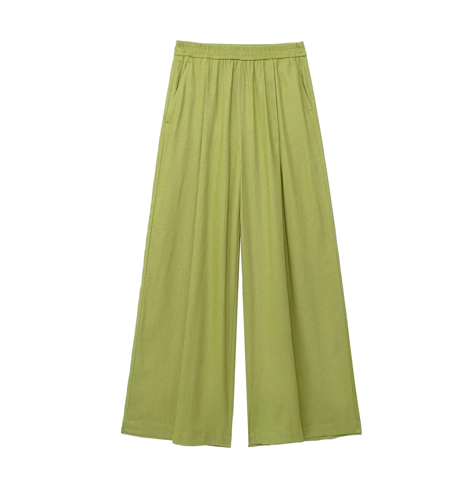 TRAFZA 2024 Women 2 Piece Set Elastic Waist Pocket Folds Decorate Wide Leg Pants+Solid Single-Breasted Slit Hem Blouse Top