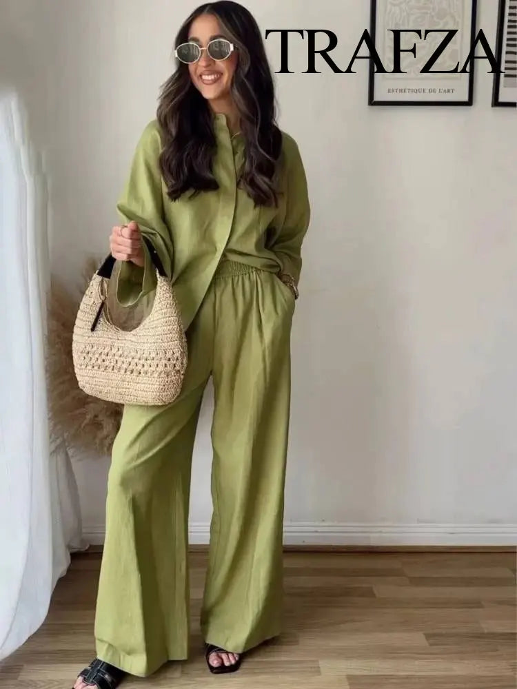 TRAFZA 2024 Women 2 Piece Set Elastic Waist Pocket Folds Decorate Wide Leg Pants+Solid Single-Breasted Slit Hem Blouse Top