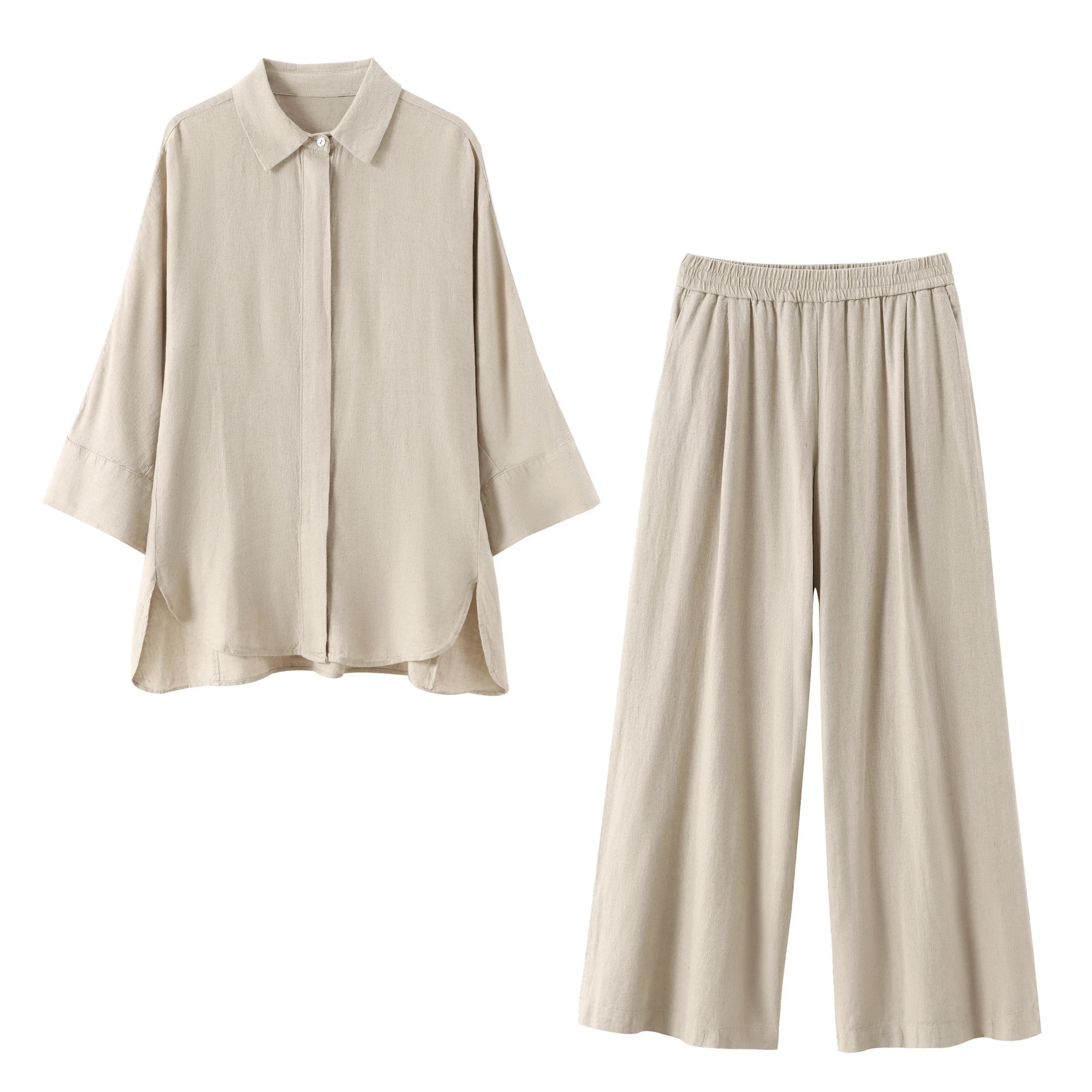 TRAFZA 2024 Women 2 Piece Set Elastic Waist Pocket Folds Decorate Wide Leg Pants+Solid Single-Breasted Slit Hem Blouse Top