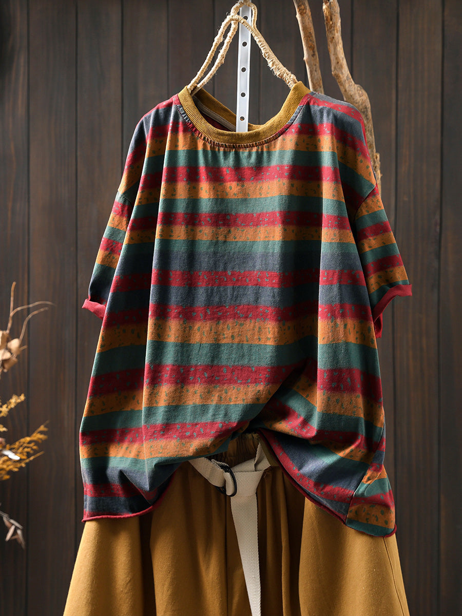 Dames Zomer Retro Colorblock Streep O-hals Katoenen Shirt