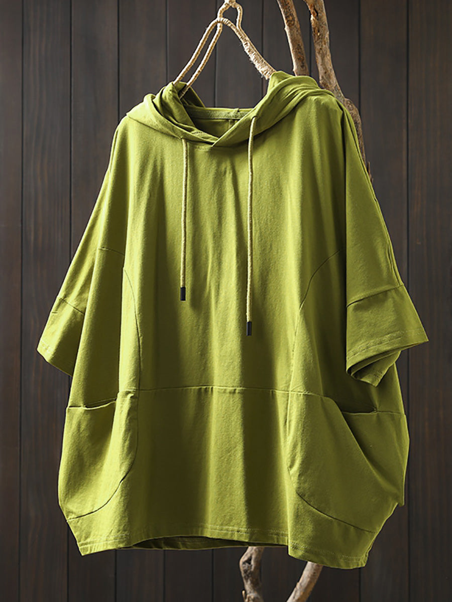 Dames Zomer Casual Pure Color Hooded Shirt van 100% Katoen
