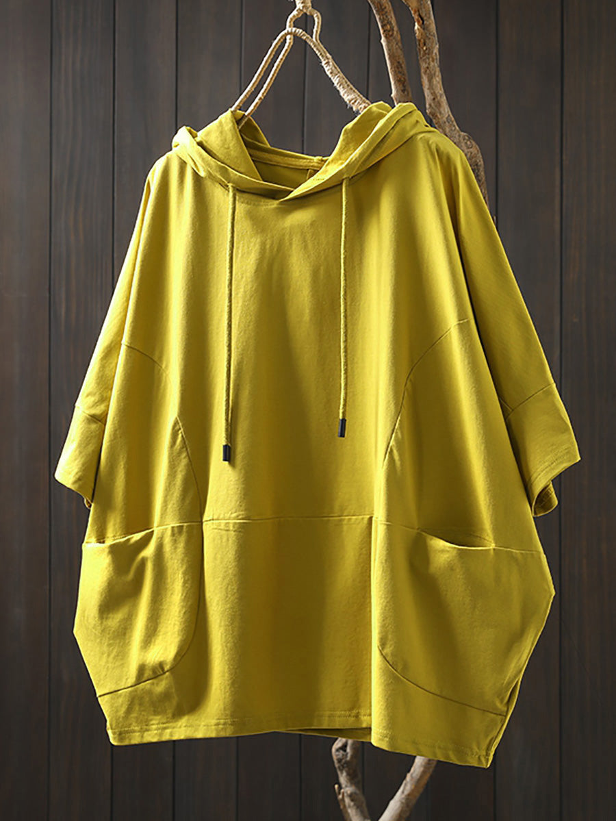 Dames Zomer Casual Pure Color Hooded Shirt van 100% Katoen