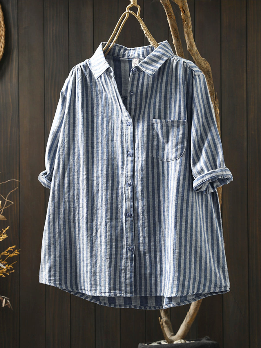Dames Zomer Streep Omslagkraag 100% Katoenen Shirt