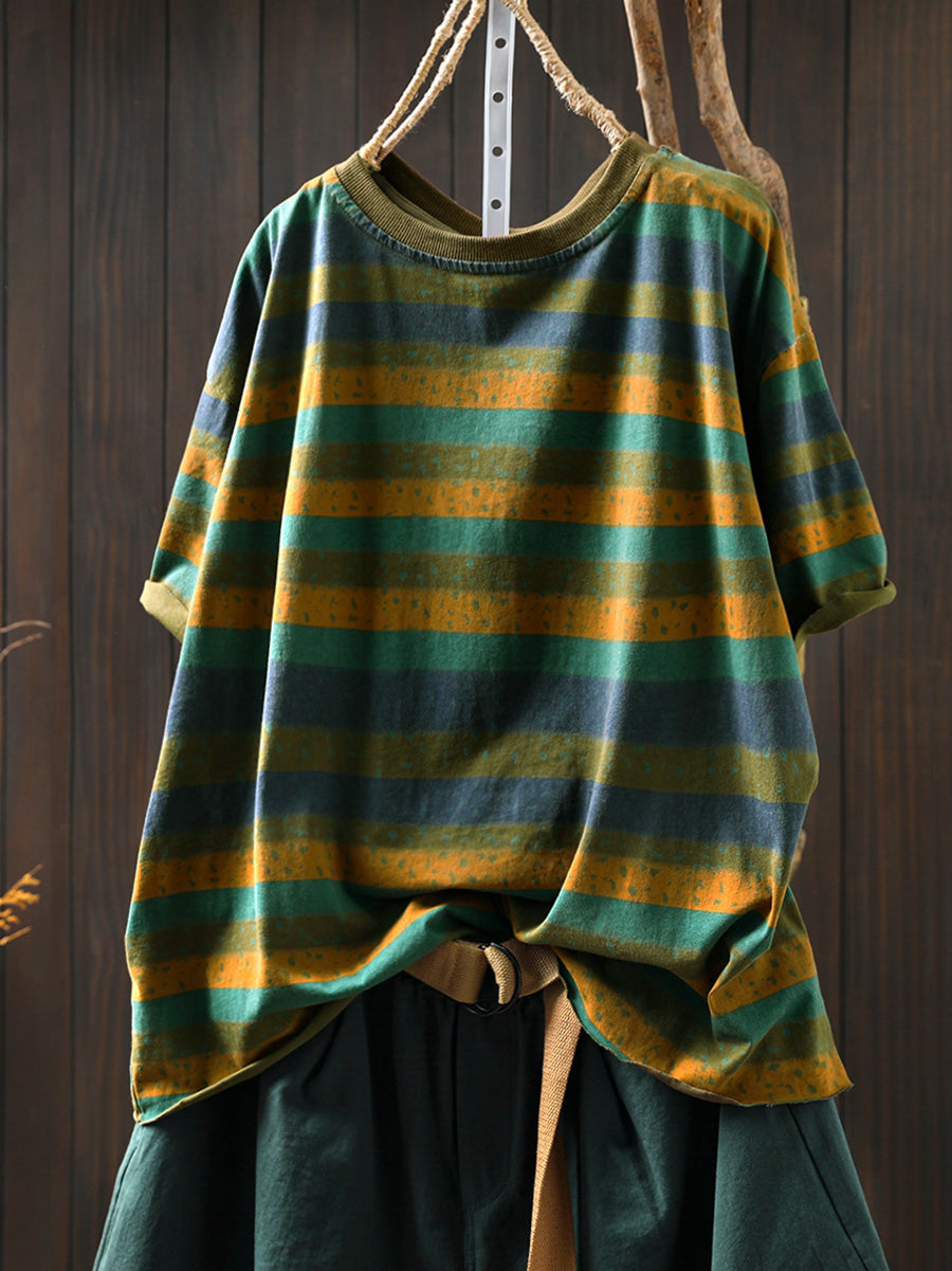 Dames Zomer Retro Colorblock Streep O-hals Katoenen Shirt